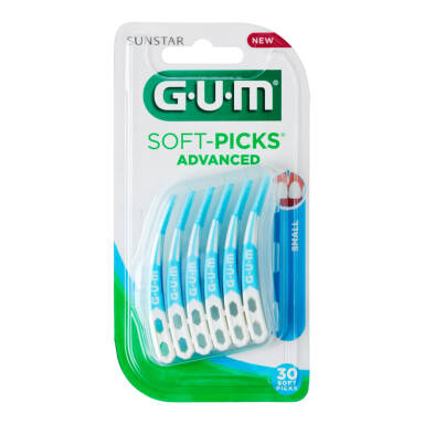 GUM Soft-Picks Advance (649M30) 30szt. SMALL - wyjątkowo elastyczne, specjalnie wyprofilowane wykałaczki z delikatną, gumową końcówką (WĄSKIE)