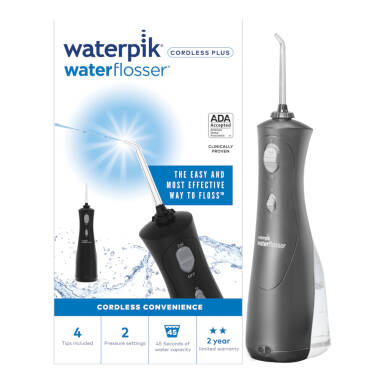 WATERPIK WP-462 E2 BLACK PLUS - bezprzewodowy irygator turystyczny zasilany akumulatorami (4-końcówki)