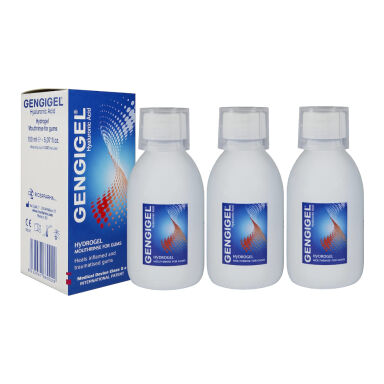 GENGIGEL Mouthrinse 0,025% HA HAPPYSET 3x150ml - zestaw płynów zawierających kwas hialuronowy wspomagających gojenie się stanów zapalnych dziąseł