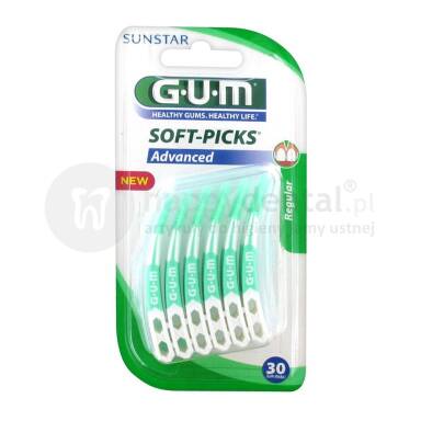 GUM Soft-Picks Advance (650M30) 30szt. REGULAR - wyjątkowo elastyczne, specjalnie wyprofilowane wykałaczki z delikatną, gumową końcówką (ŚREDNIE)