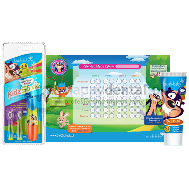 BRUSH-BABY SET KidzSonic (3-6) + pasta Tutti-Frutti 75ml (3-6) - profesjonalny zestaw do pielęgnacji pierwszych zębów dziecka + kalendarz mycia zębów!