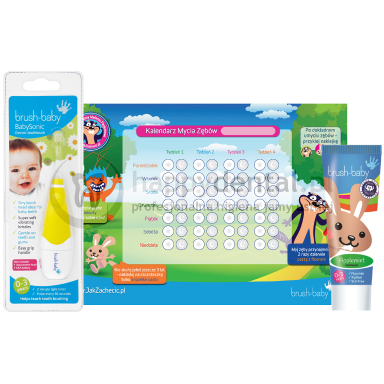 BRUSH-BABY SET BabySonic (0-3) + pasta APPLEMINT 75ml (0-3) - profesjonalny zestaw do pielęgnacji pierwszych zębów dziecka + kalendarz mycia zębów!