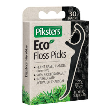 PIKSTERS ECO Floss Picks 30szt. - biodegradowalne niciowykałaczki z aktywnym węglem