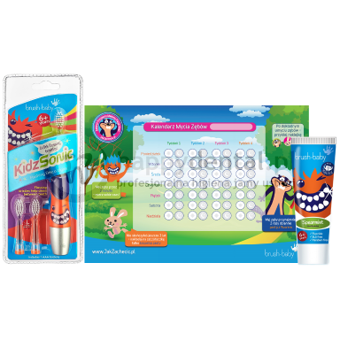 BRUSH-BABY SET KidzSonic (6+) + pasta Spermint 75ml (6+) - profesjonalny zestaw do pielęgnacji zębów dziecka + Kalendarz Mycia Zębów!