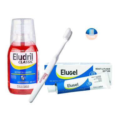 ELUDRIL zestaw pozabiegowy zawiera płyn Eludril + żel Elugel + szczoteczkę pozabiegową