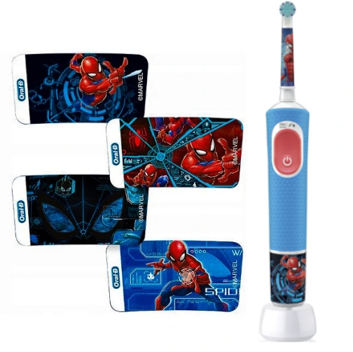 Oral-B PRO Kids 3+ SPIDERMAN posiada kolorowe naklejki z bohaterami Gwiezdnych Wojen 