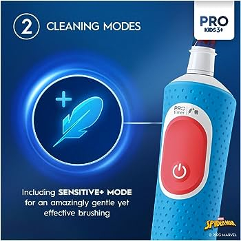 Oral-B PRO Kids 3+ SPIDERMAN dwa tryby pracy w tym specjalny tryb delikatnego czyszczenia Oral-B PRO Kids 3+ SPIDERMAN dwa tryby pracy w tym specjalny tryb delikatnego czyszczenia